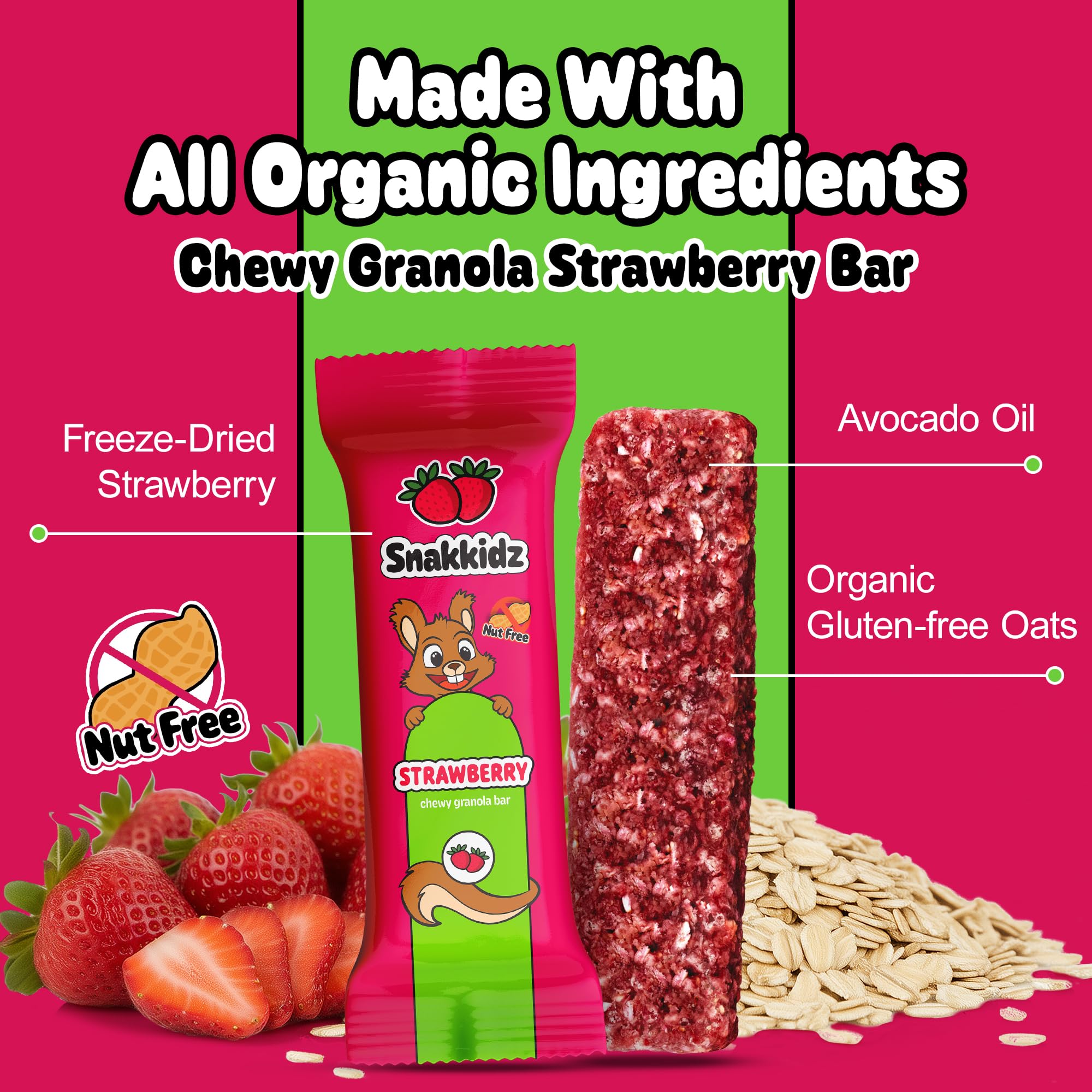 Snakkidz ingredientes: avena orgánica y fresa que aportan sabor natural
