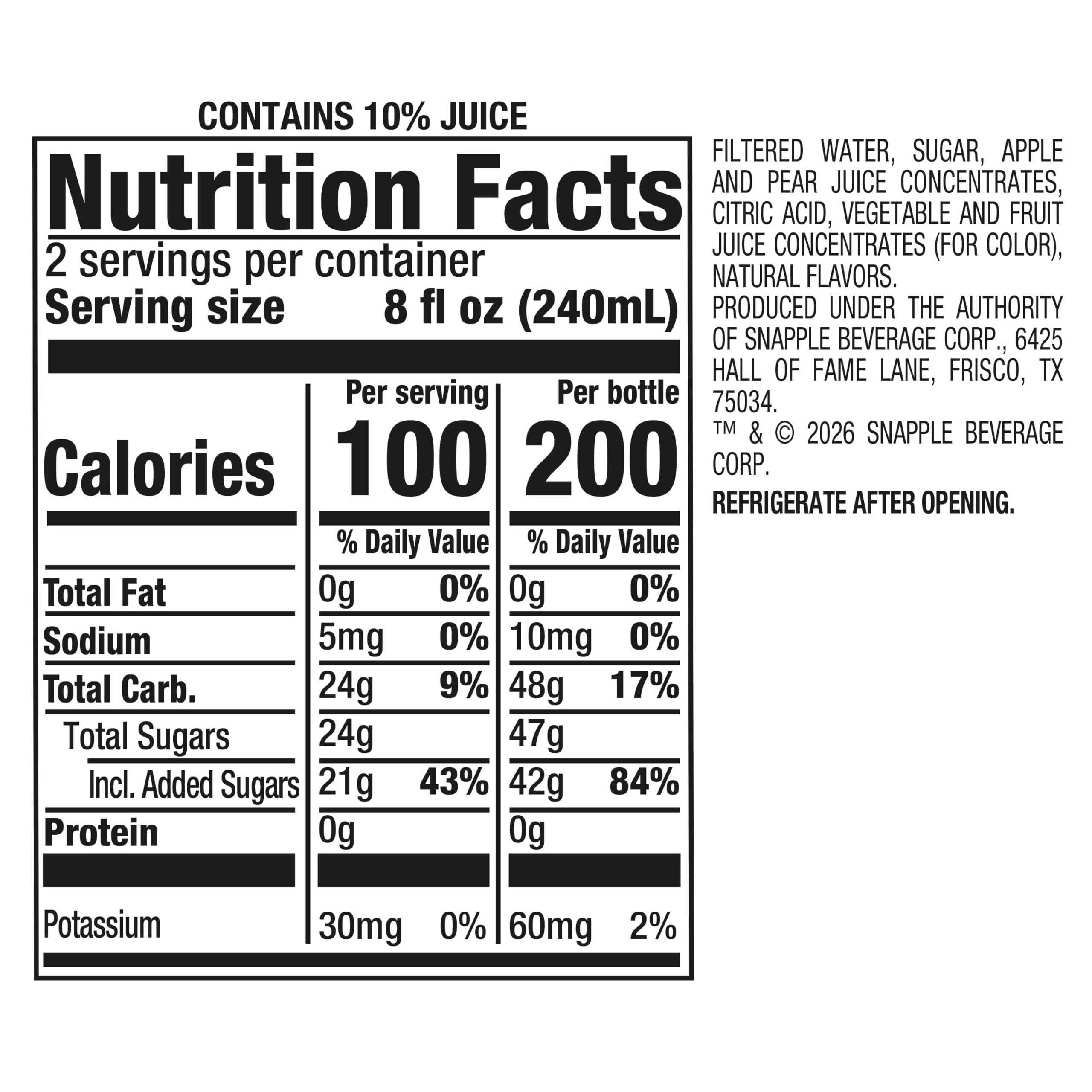 Snapple detalle de etiqueta que resalta ingredientes reales y claridad