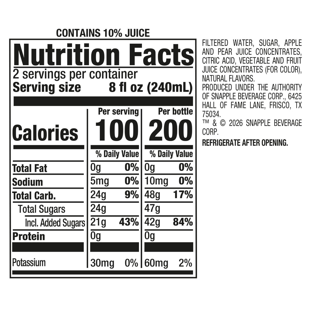 Snapple detalle de etiqueta que resalta ingredientes reales y claridad