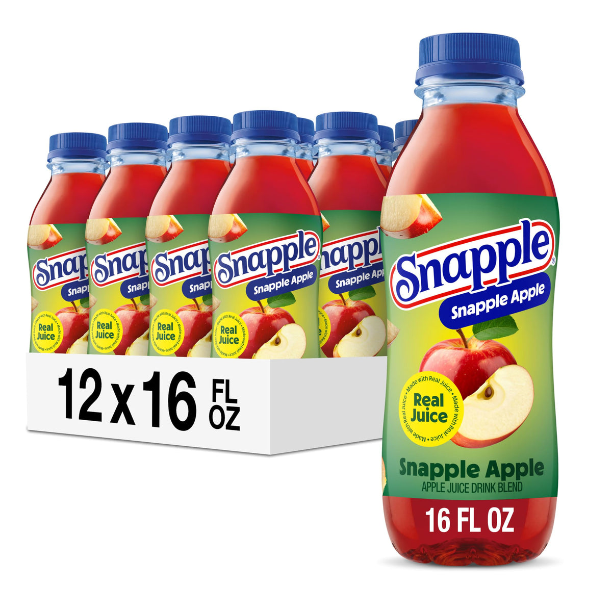 Snapple botella frontal mostrando etiqueta y beneficio de sabor natural