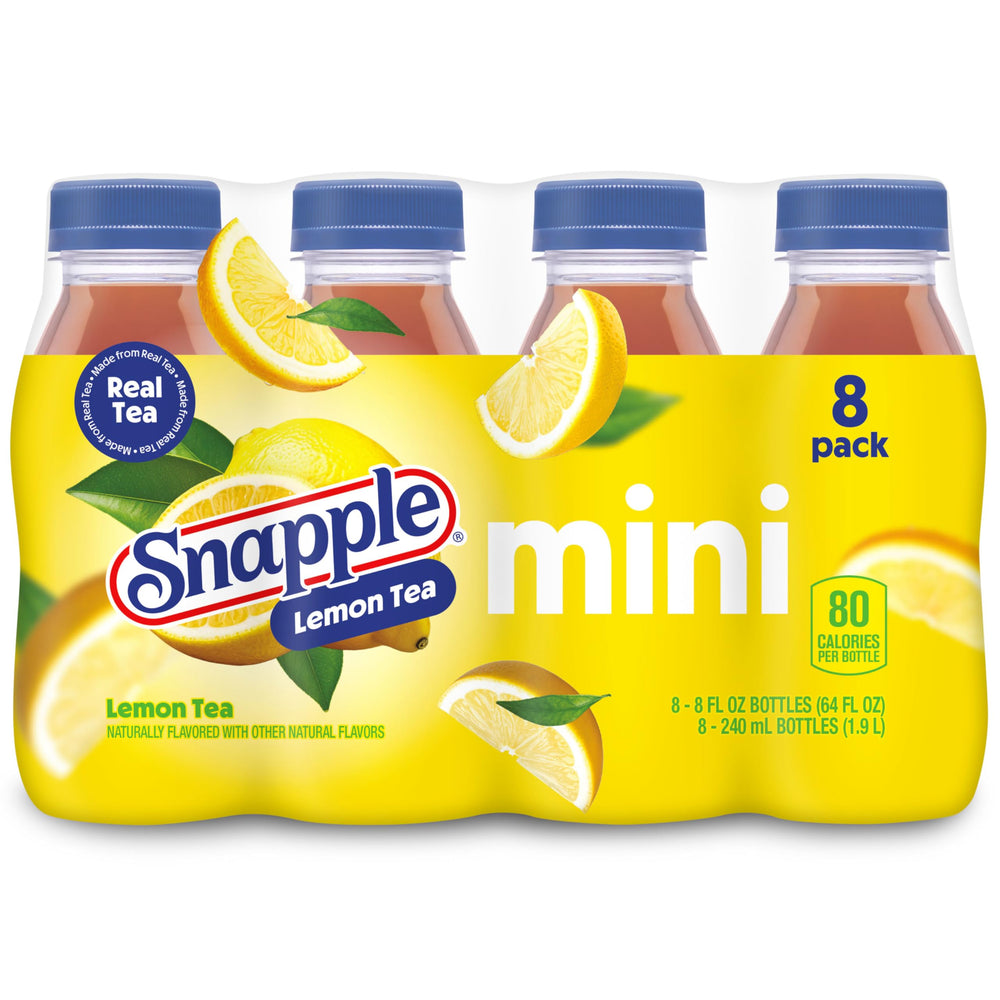Comparación de tamaño Snapple mini junto a una mano, porción individual controlada