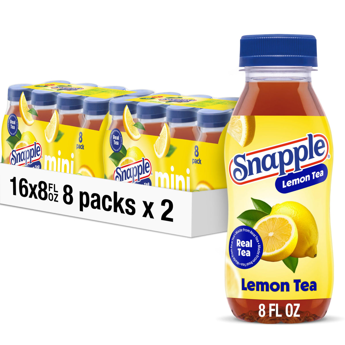 Snapple botella frontal con etiqueta visible, refresco natural y listo para beber