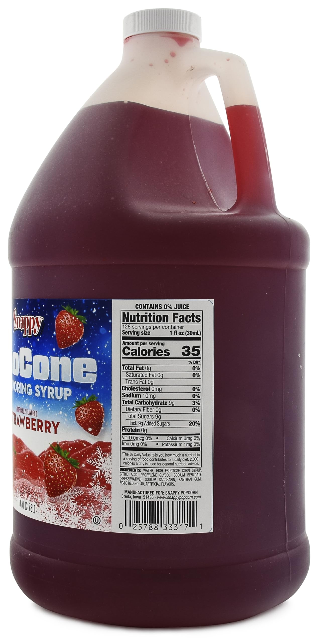 Snappy detalle de etiqueta que destaca sabor fresa y uso comercial