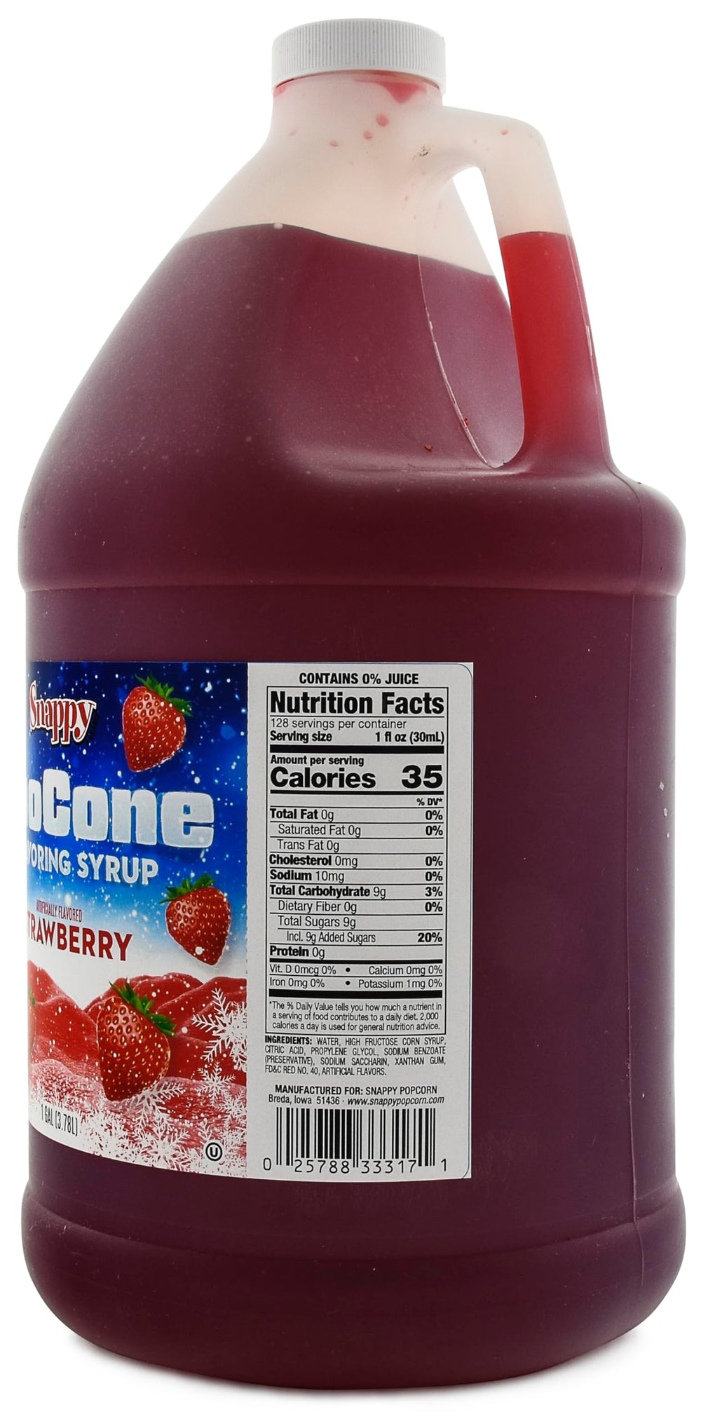 Snappy detalle de etiqueta que destaca sabor fresa y uso comercial