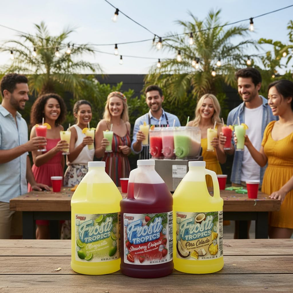 SNAPPY Frosti Tropics servido en vaso en evento, aspecto refrescante y llamativo