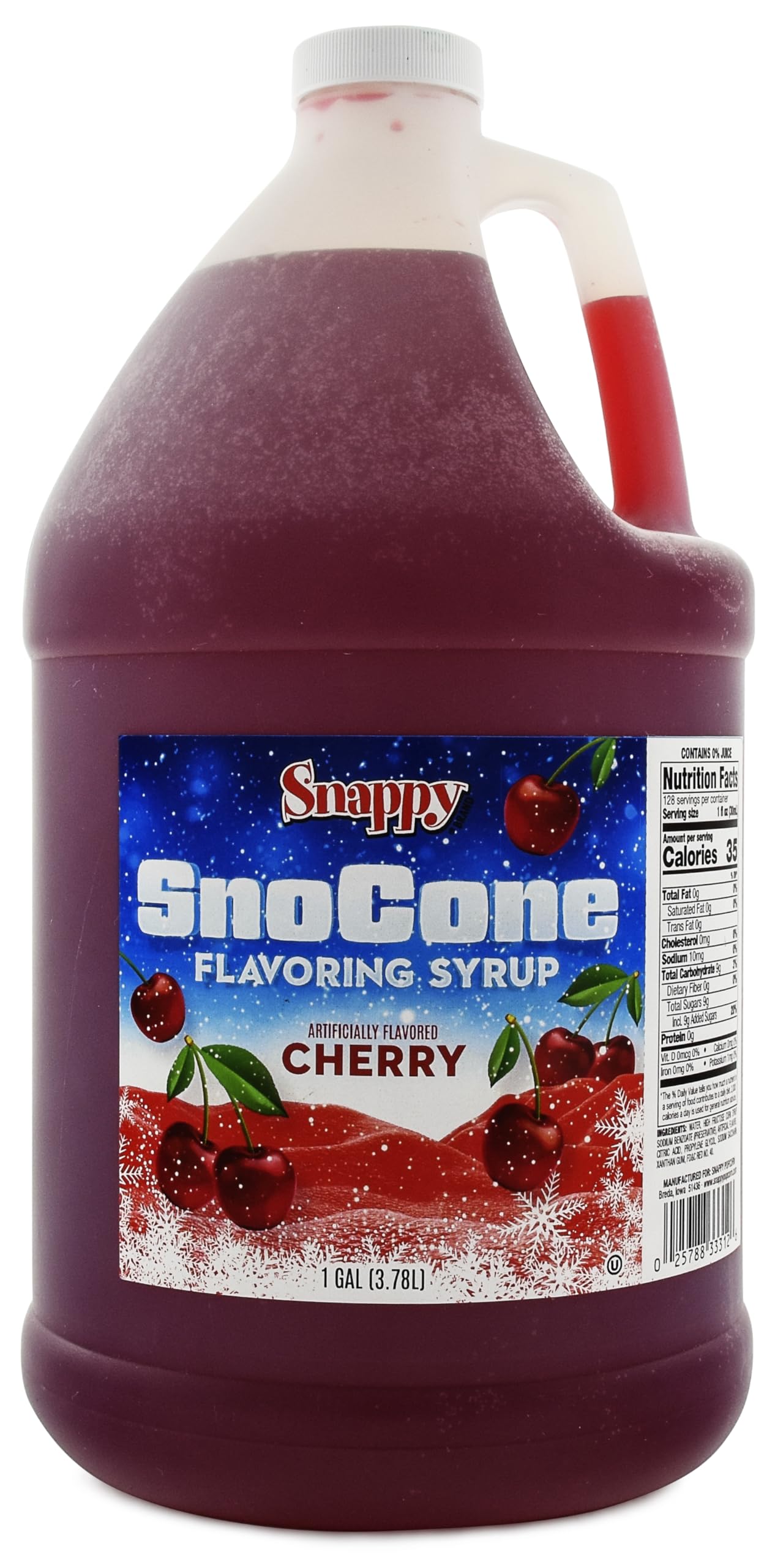 SNAPPY jarabe de cereza frente en galón, presentación comercial y ahorro