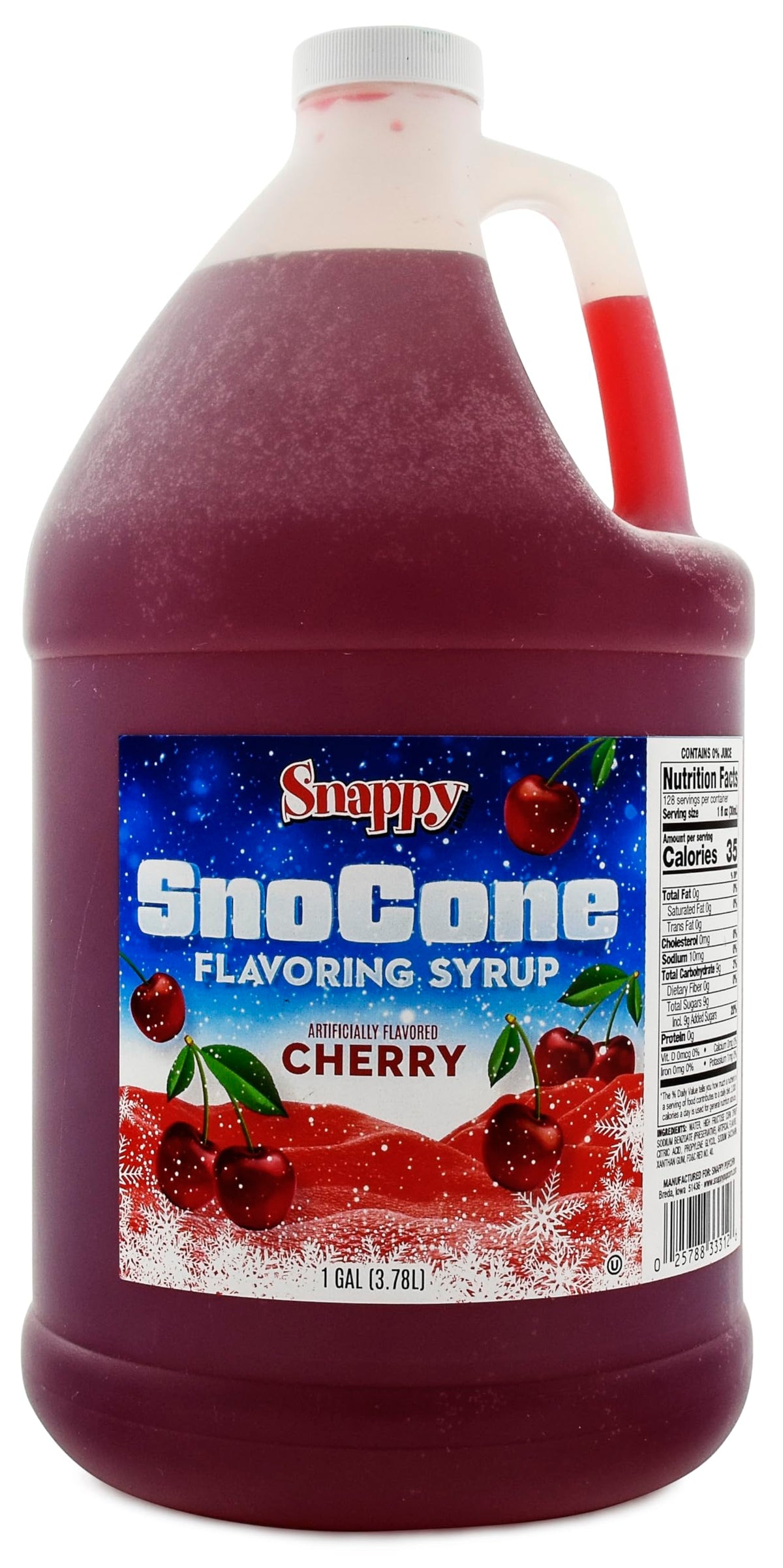 SNAPPY jarabe de cereza frente en galón, presentación comercial y ahorro