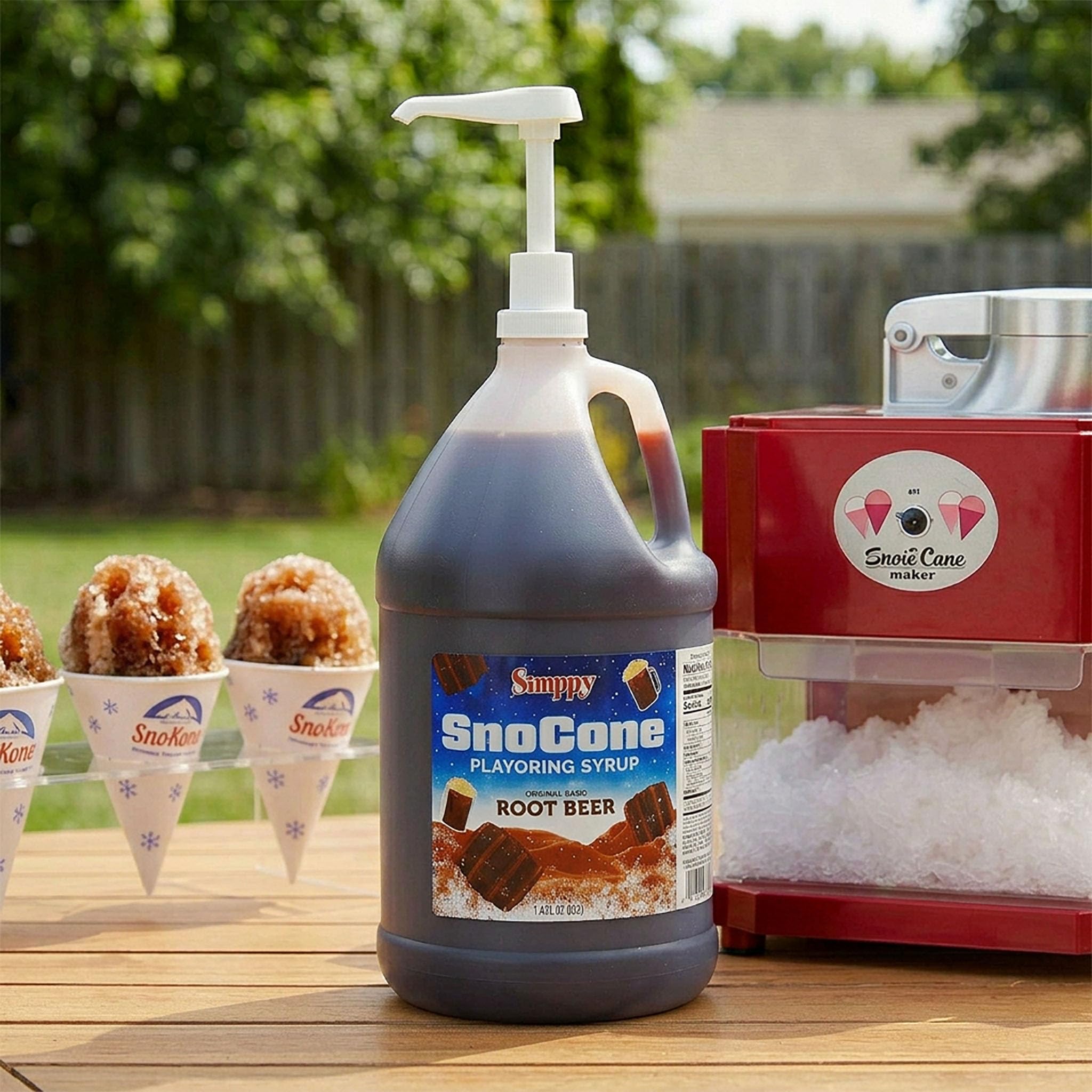 Snappy jarabe root beer en uso con máquina de shaved ice sirviendo conos rápidamente