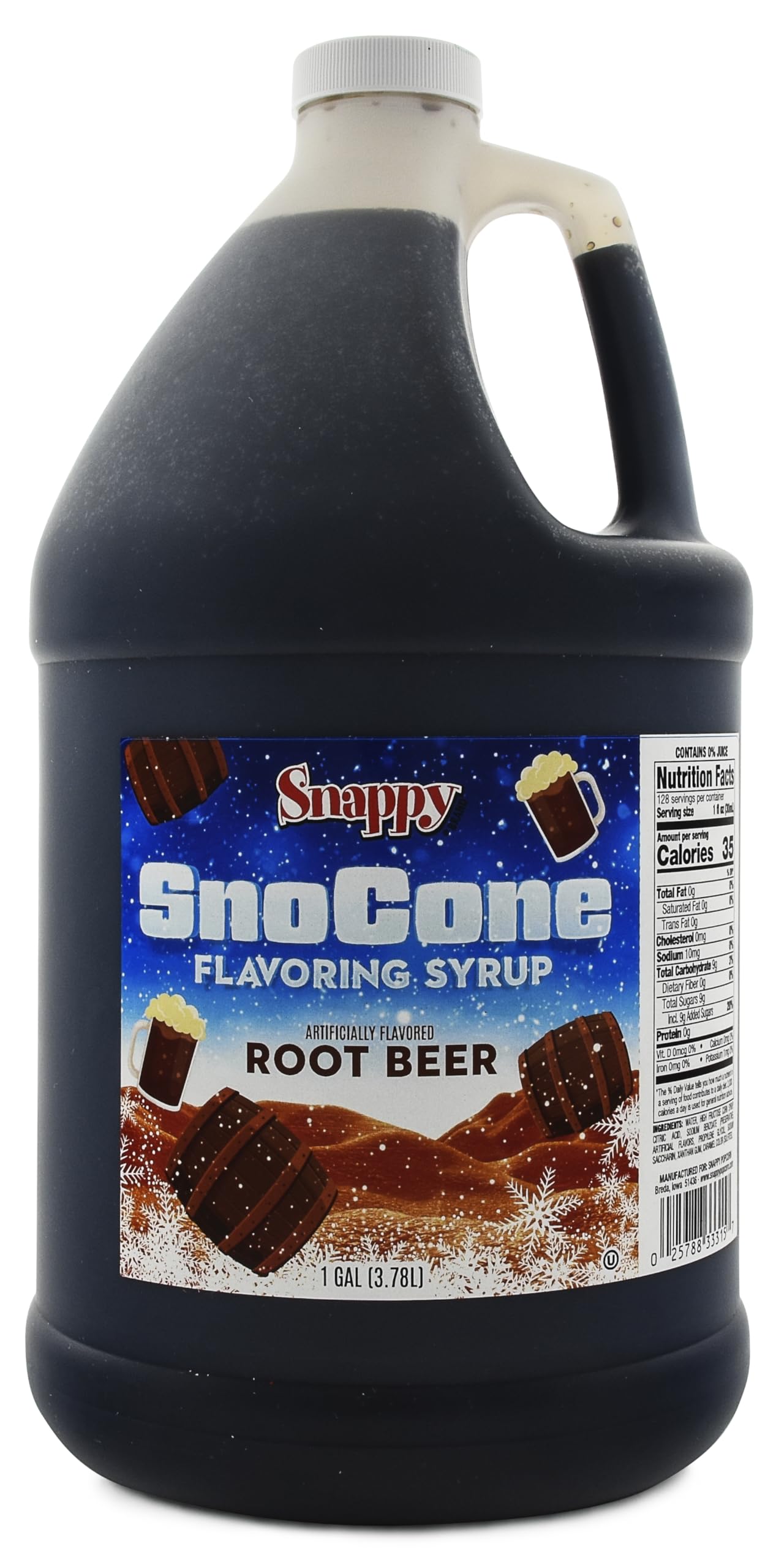 Snappy jarabe root beer galón frontal mostrando etiqueta y asa para uso comercial