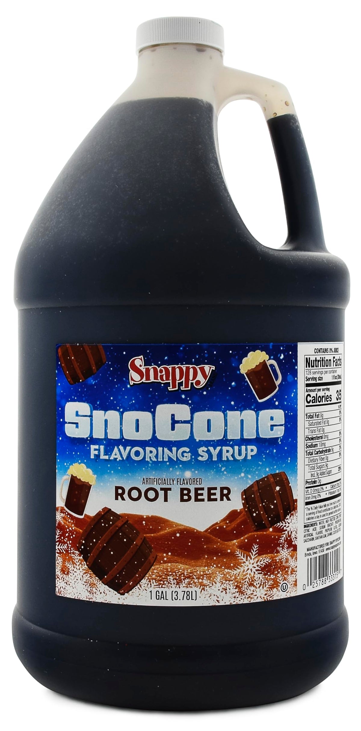 Snappy jarabe root beer galón frontal mostrando etiqueta y asa para uso comercial