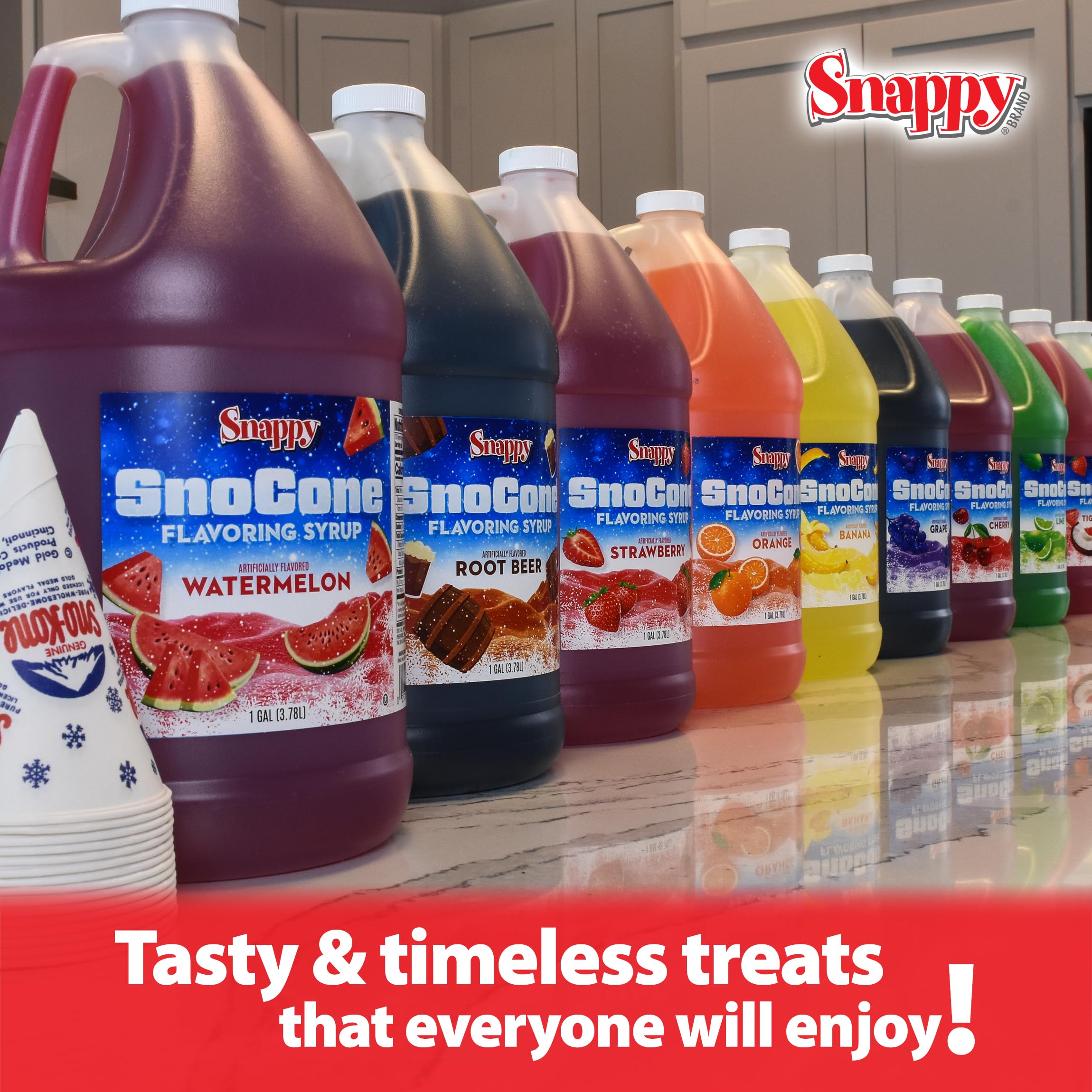 Snappy jarabe root beer junto a vaso para comparar tamaño y planificar porciones
