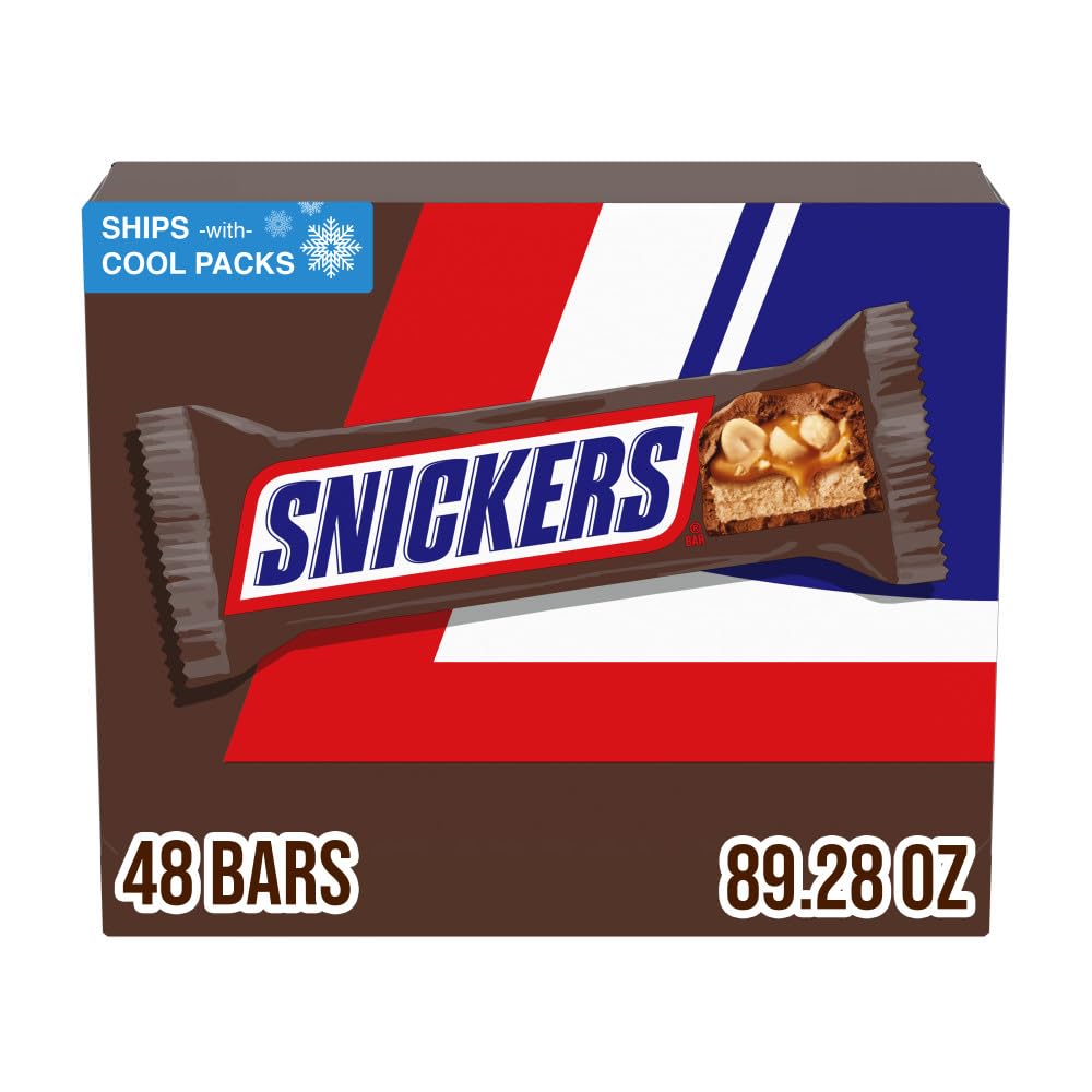 SNICKERS empaque frente mostrando caja de 48 barras y fácil almacenamiento