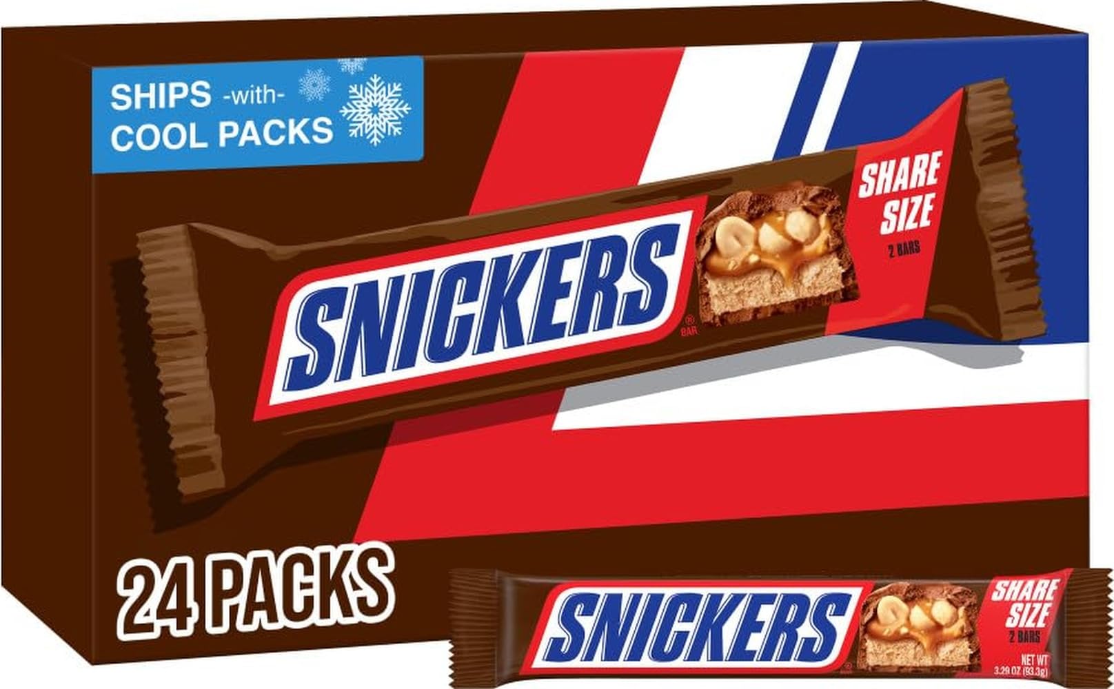 Snickers frente del empaque de 24 barras mostrando formato para compartir y conveniencia