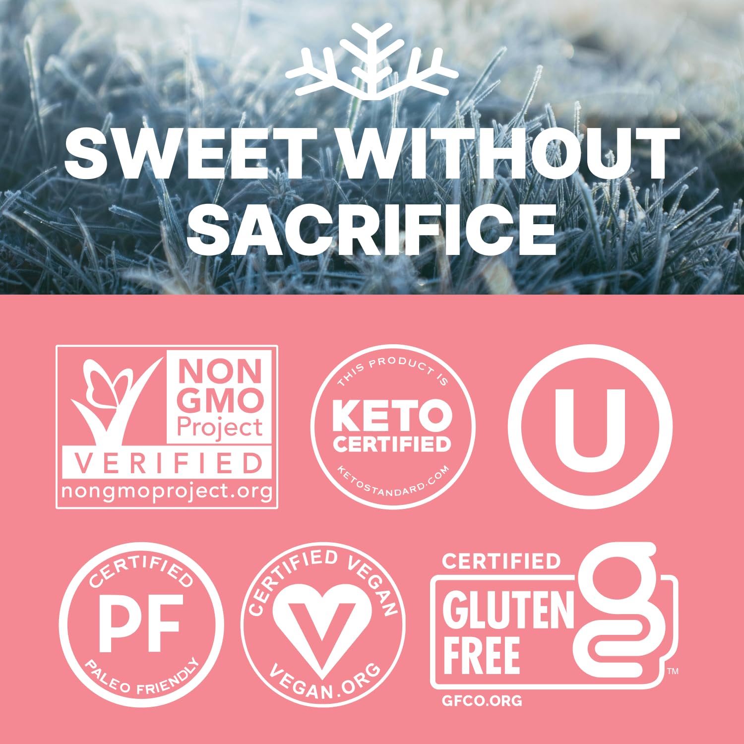 SNØ etiqueta con certificaciones Non-GMO OU Kosher y sin gluten