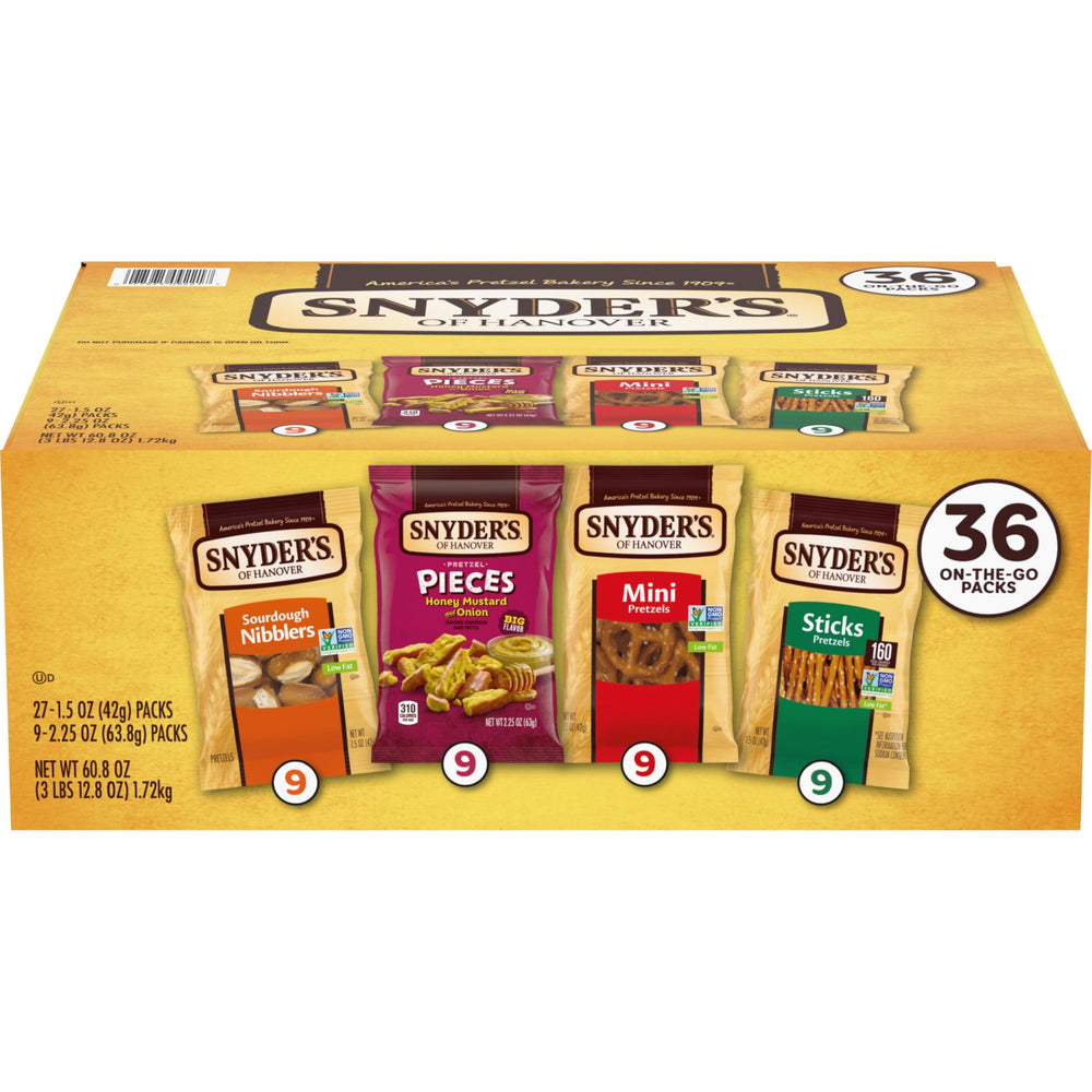 Snyder's of Hanover vista frontal del pack de 36 bolsas, conveniencia inmediata