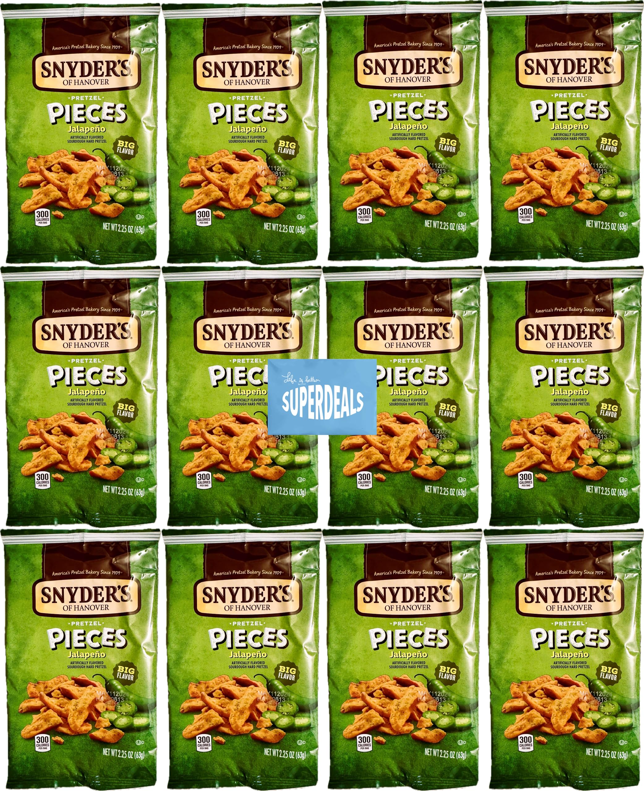 Snyder's of Hanover frontal del paquete mostrando sabor jalapeño y conveniencia