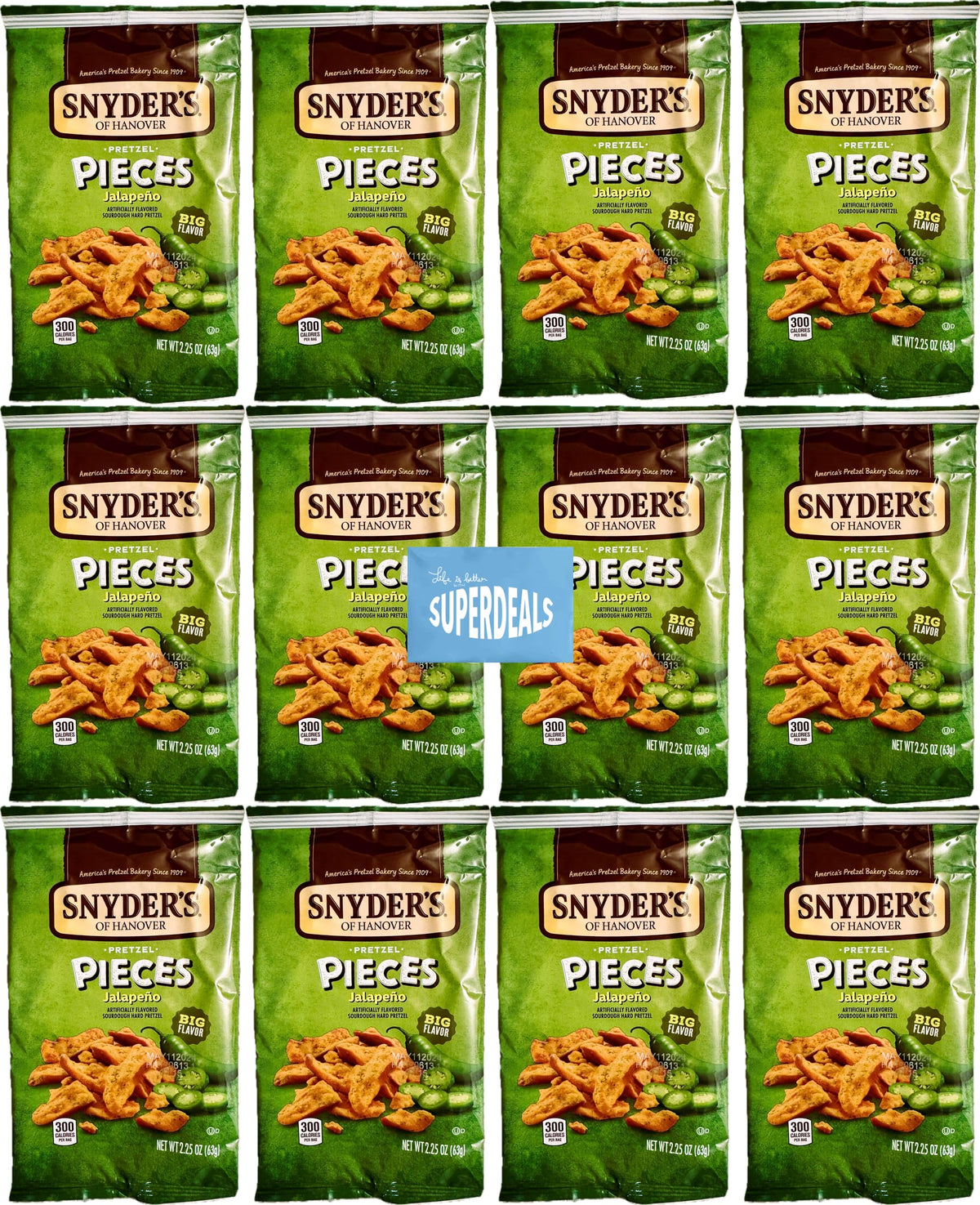 Snyder's of Hanover frontal del paquete mostrando sabor jalapeño y conveniencia
