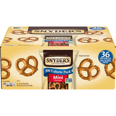 Snyder's of Hanover frente de caja mostrando 36 paquetes individuales y conveniencia