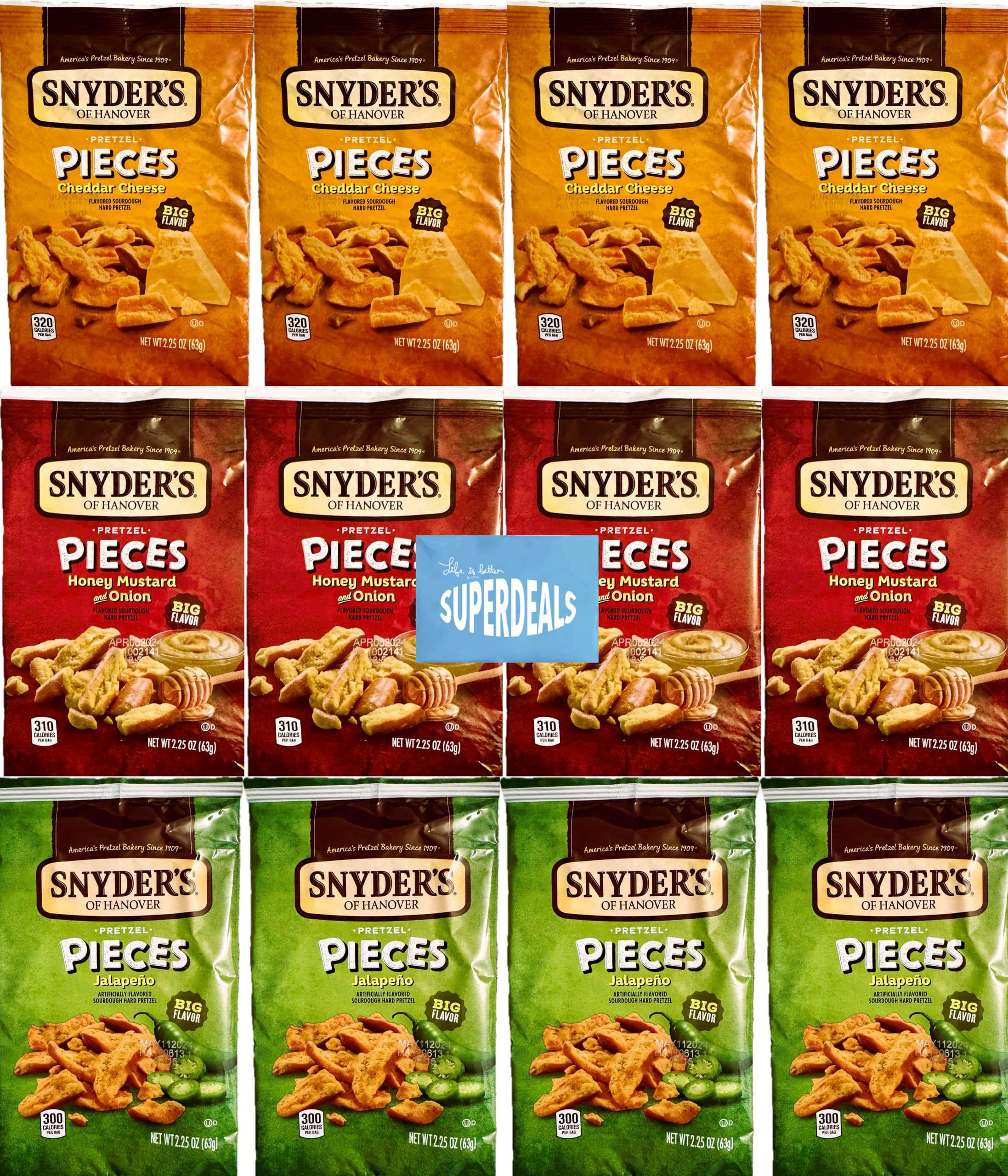 SUPERDEALS empaque frontal del surtido Snyder's of Hanover con variedad, muestra conveniencia