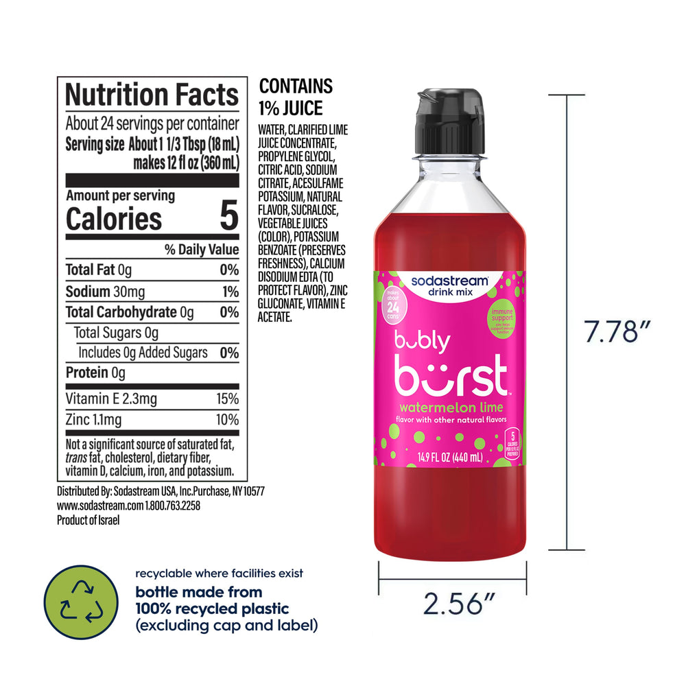 SodaStream botella de vertido Bubly Burst mostrando el pico para servir fácil y preciso