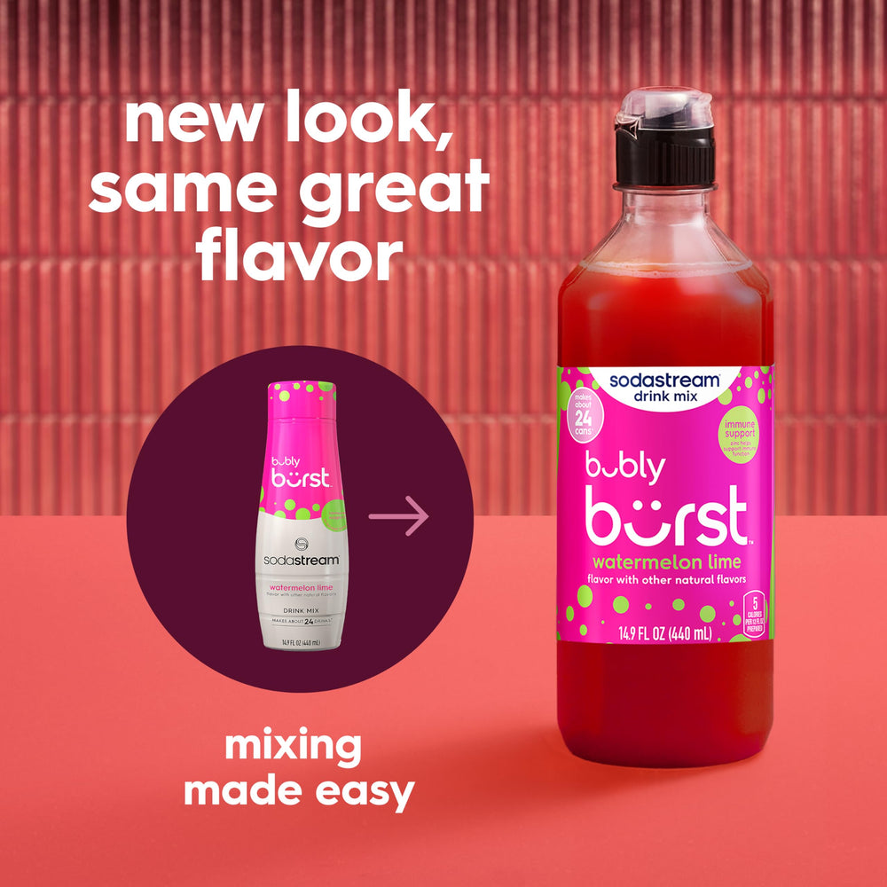 SodaStream Bubly Burst etiquetas legibles con sabores Cherry Lemonade, Peach Mango, Watermelon Lime