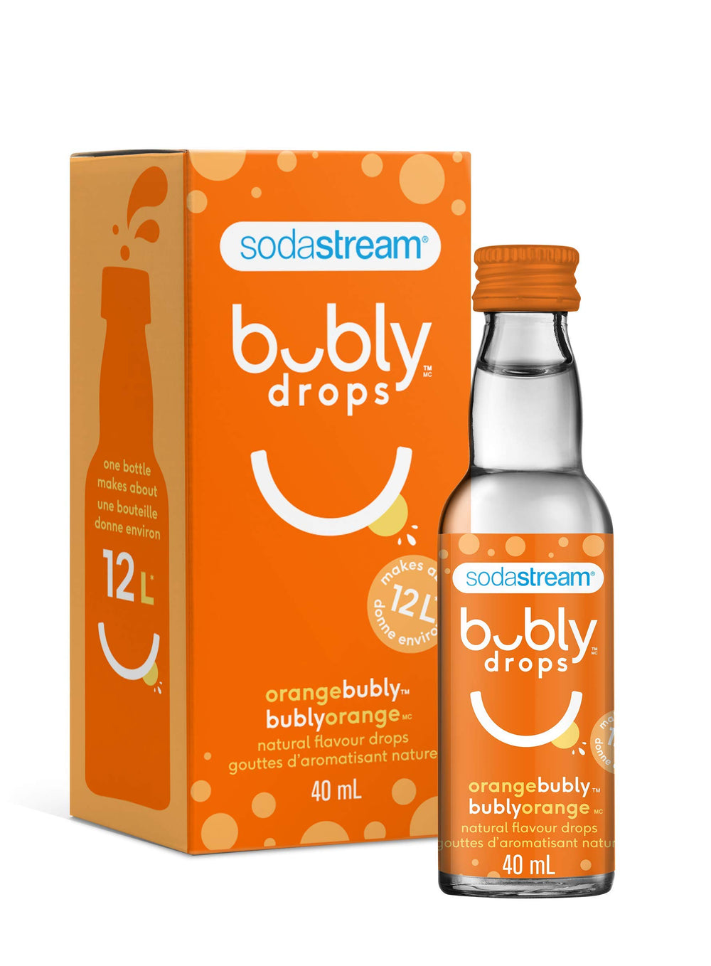 SodaStream bubly Drops Orange en uso con botella SodaStream, facilita bebidas caseras sin azúcar