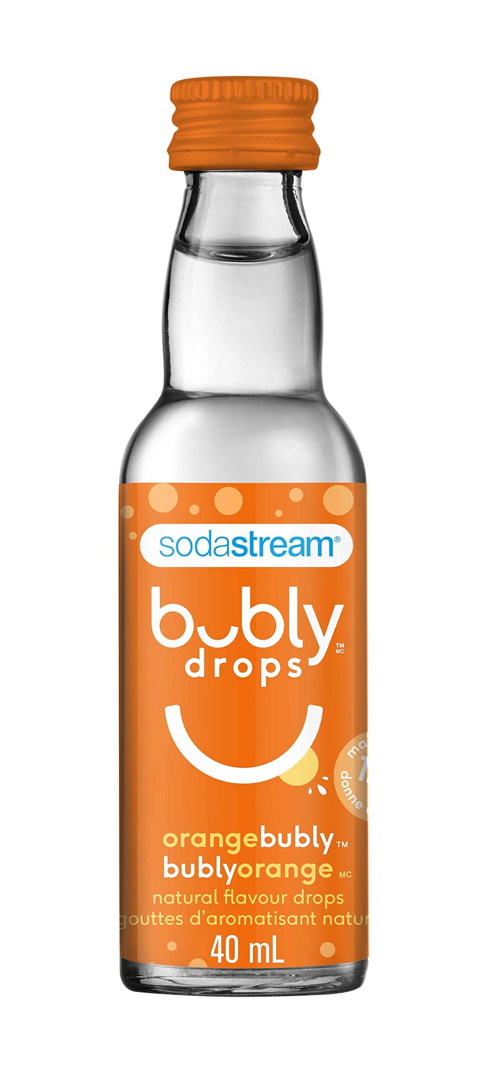 SodaStream bubly Drops Orange vista frontal del envase y etiqueta, ideal para identificar el sabor
