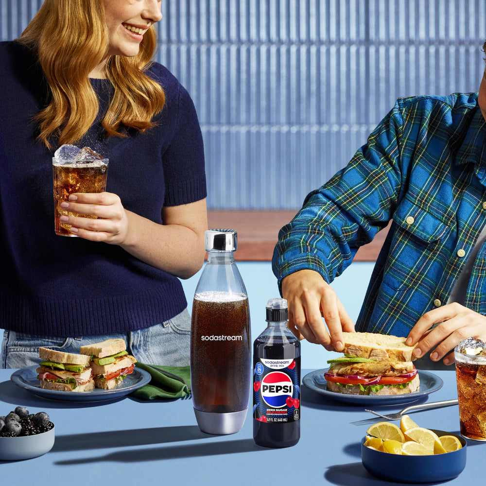 Sodastream embalaje abierto con tablas de ingredientes y rendimiento por botella