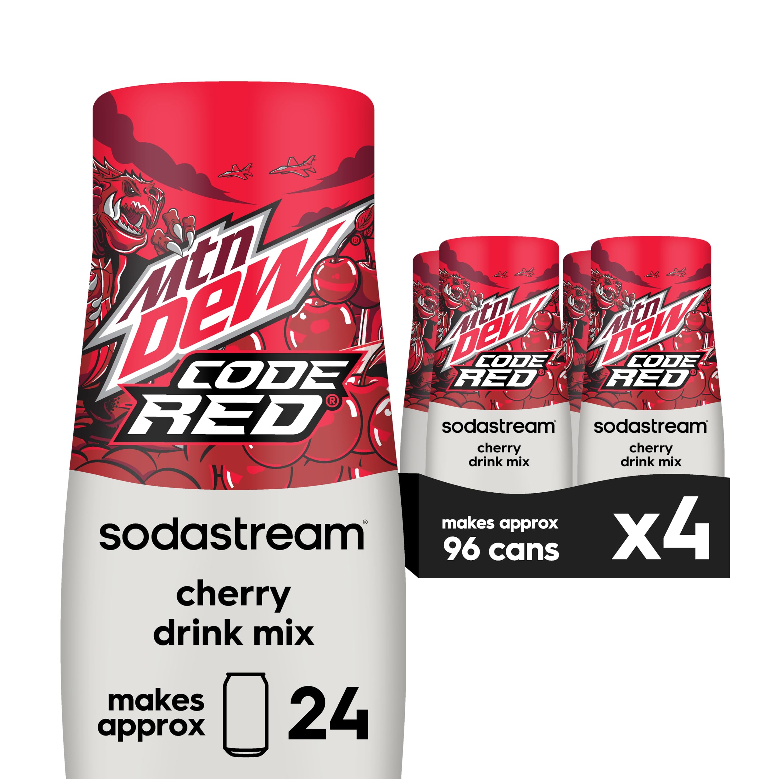 SodaStream Mtn Dew Code Red frente muestra botella y diseño atractivo