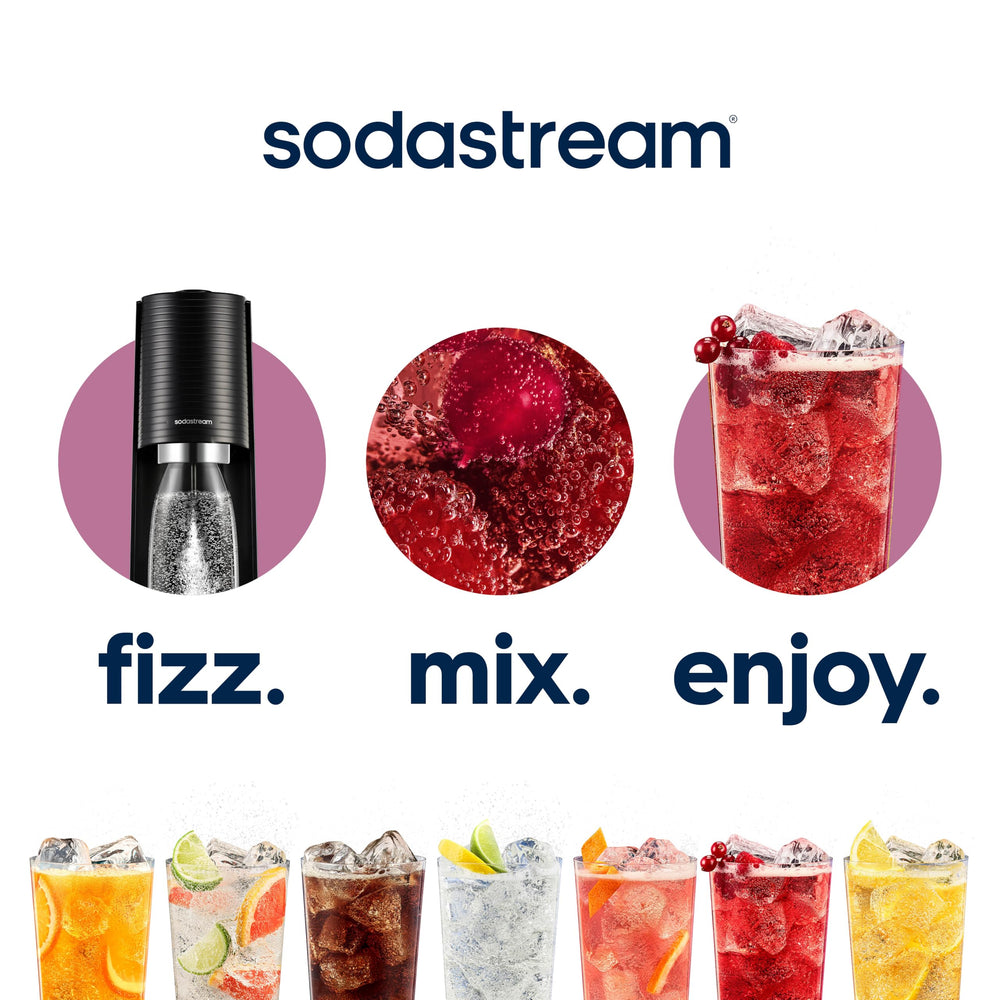 SodaStream Mtn Dew Code Red vaso servido con hielo demostrando porciones