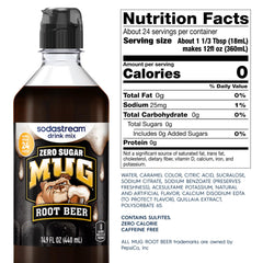 Detalle de la etiqueta SodaStream MUG Root Beer Zero Sugar con información clara de uso