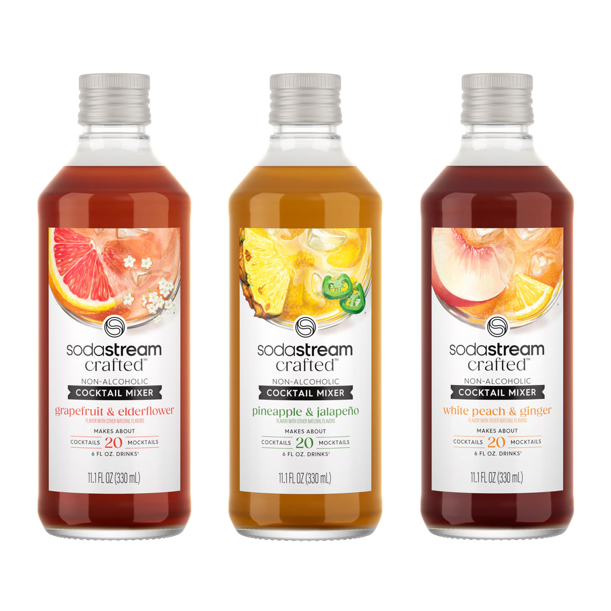 SodaStream pack frontal mostrando las tres botellas y variedad de sabores