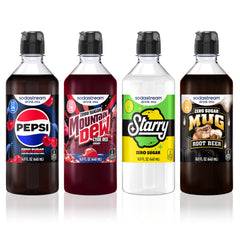 Sodastream pack frontal mostrando cuatro botellas y beneficio de variedad sin azúcar