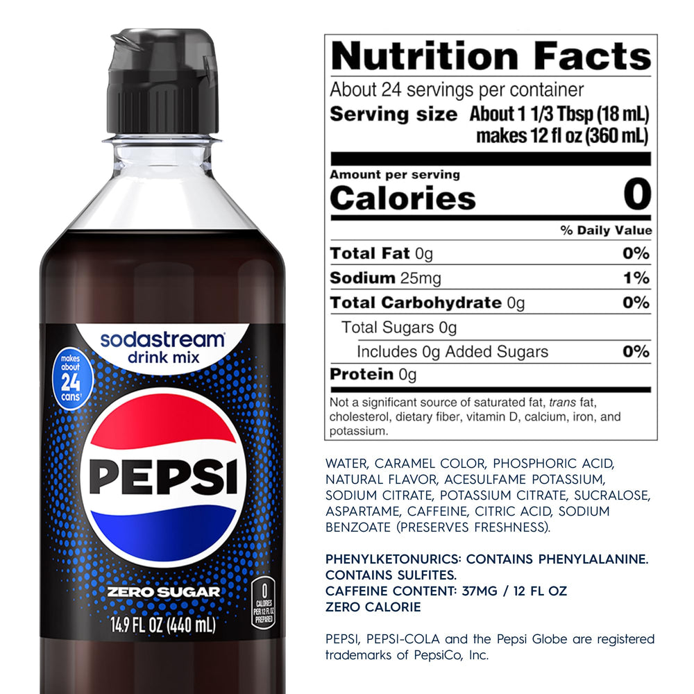 SodaStream botella con etiqueta Pepsi Zero Sugar mostrando ingredientes y marca