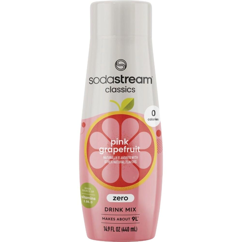 SodaStream frasco frontal pomelo rosa mostrando etiqueta y tamaño, fácil conservación
