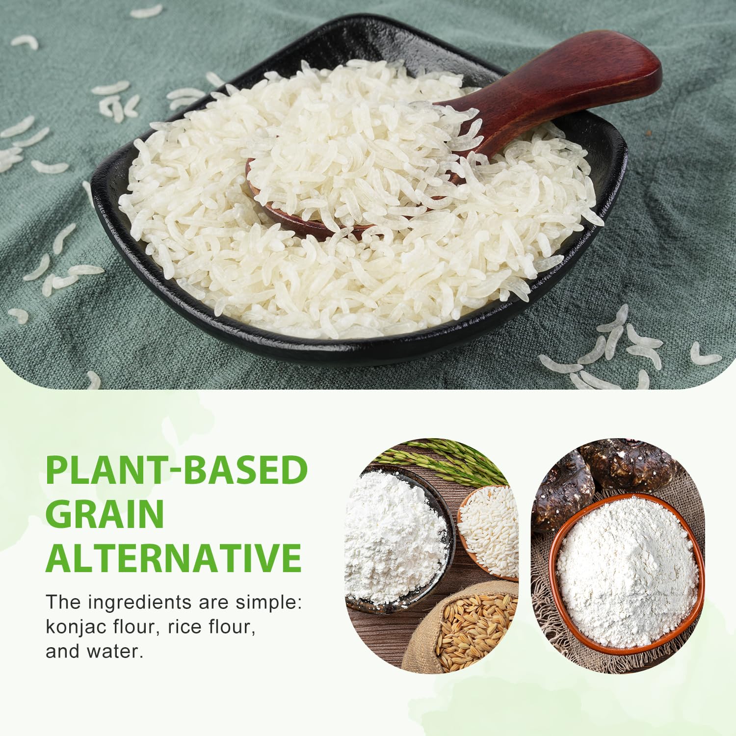 Soeos arroz de konjac salteado en sartén absorbiendo salsa sabrosa