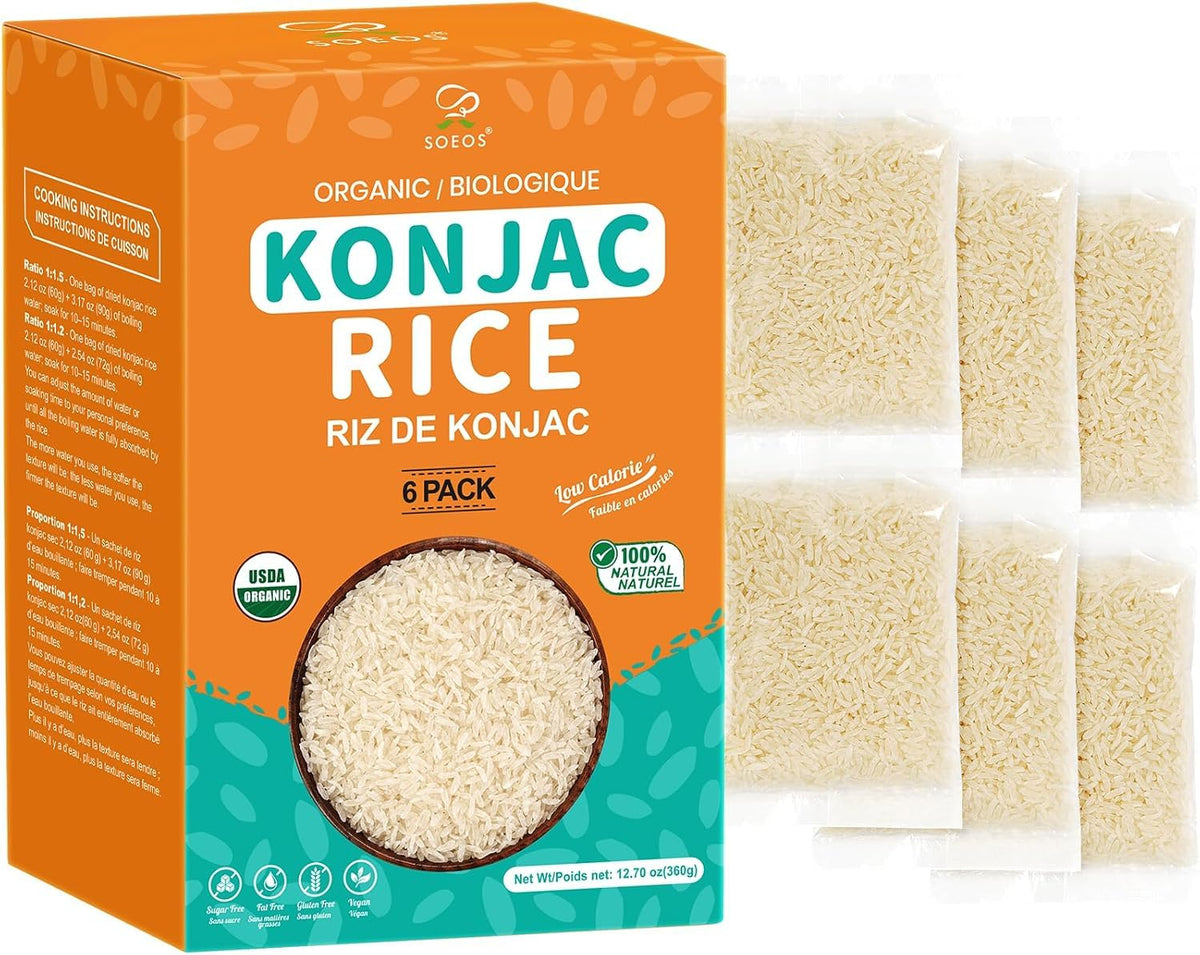 Soeos empaque frontal mostrando arroz konjac, alternativa ligera