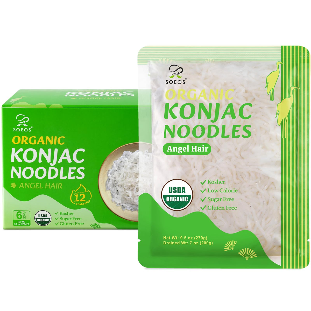 Soeos empaque frontal Angel Hair mostrando pack de 6 y beneficio de bajo en calorías