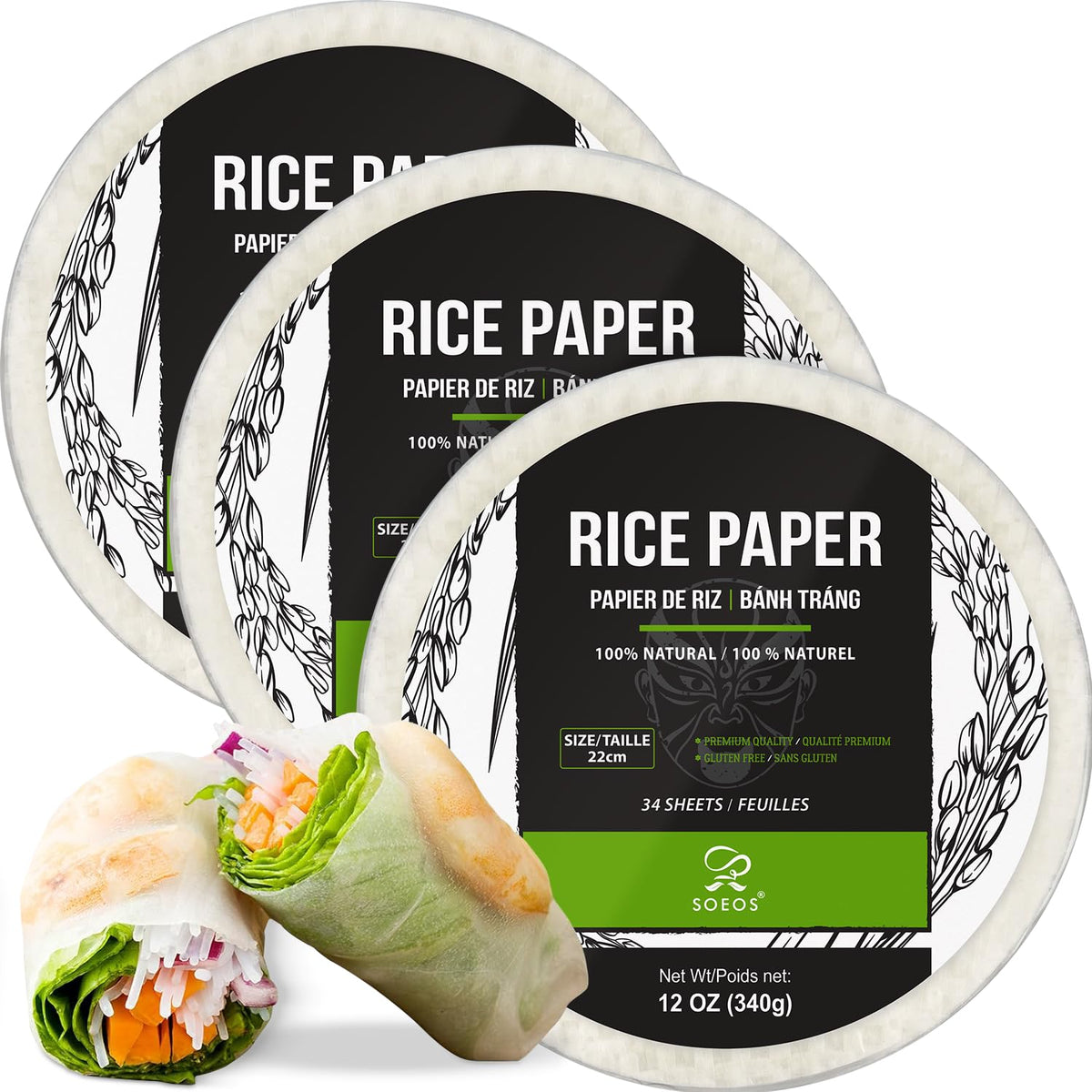 Soeos paquete frontal con hojas de papel de arroz, práctico para cocinar