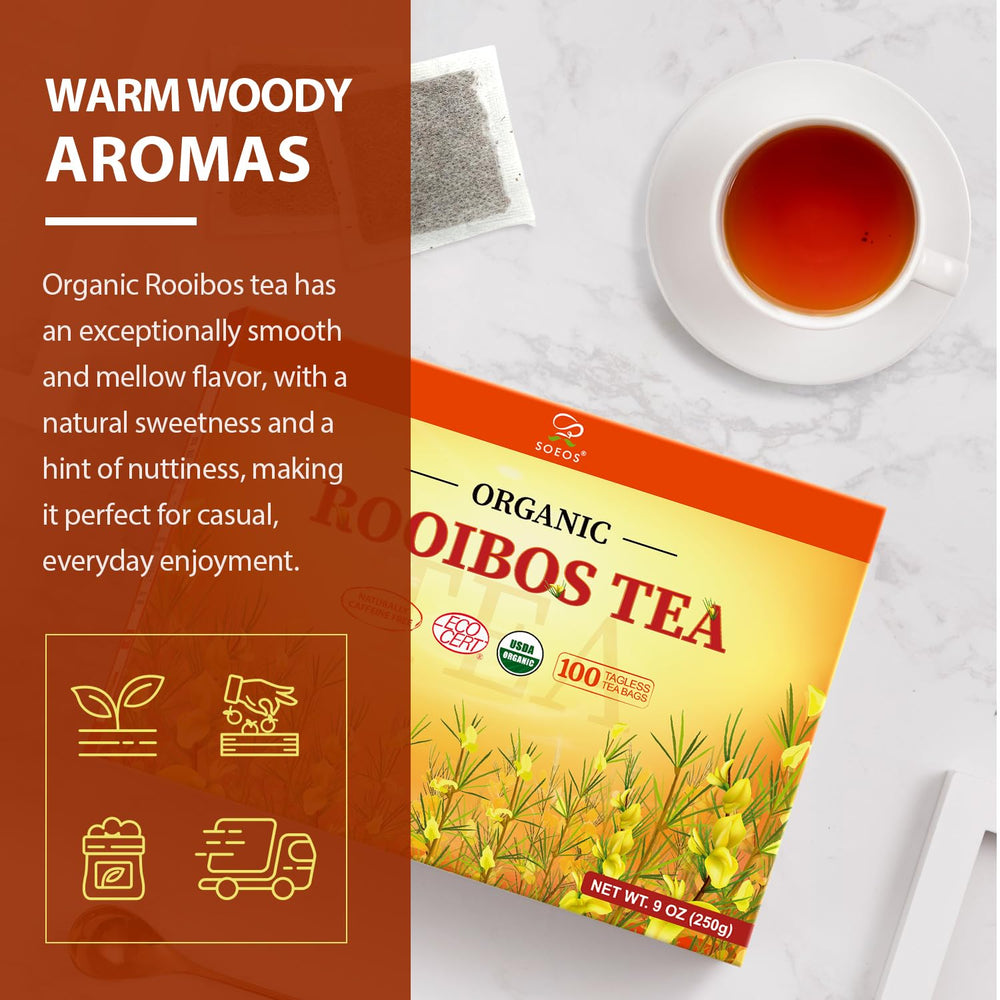 Soeos taza con rooibos caliente destacando color y sensación reconfortante