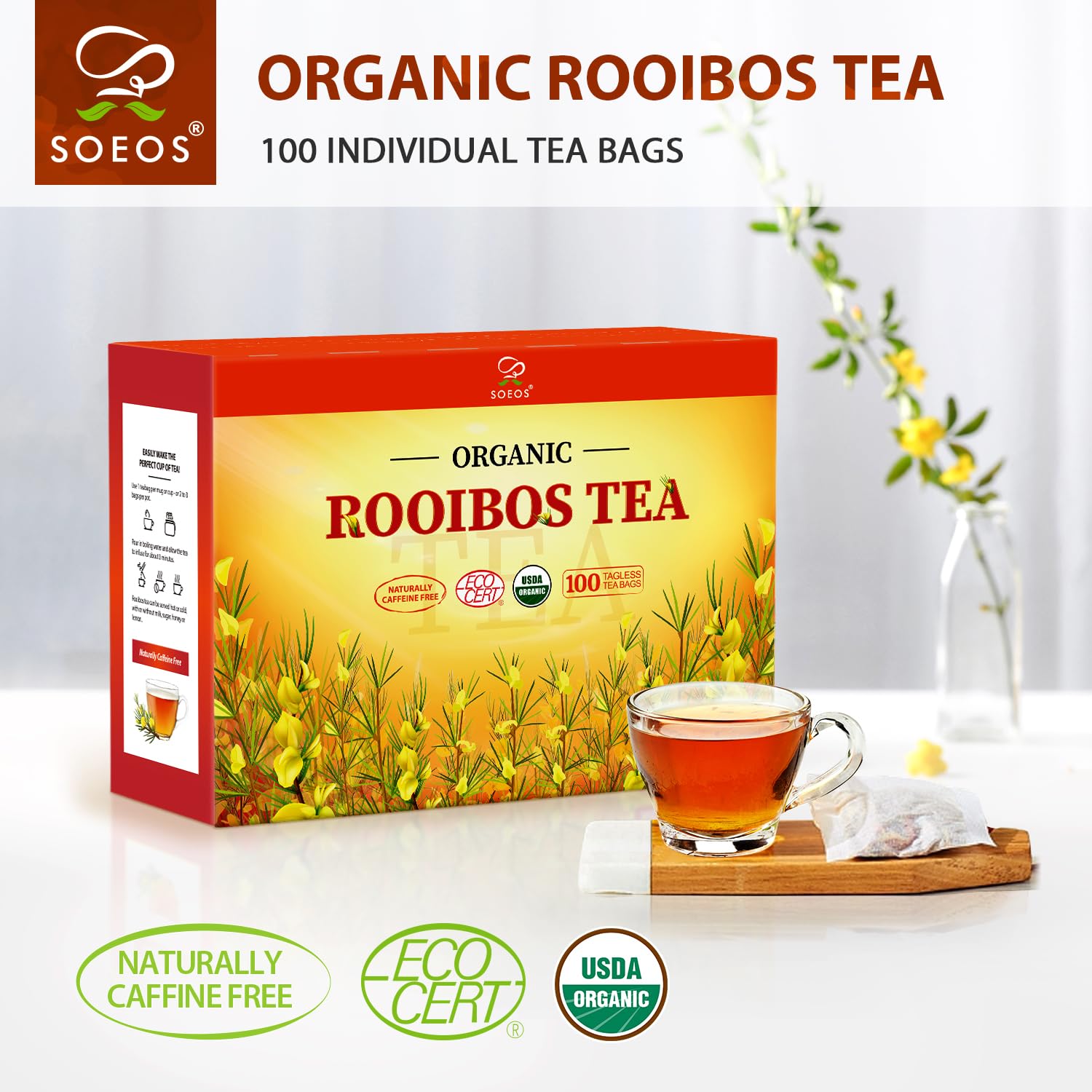 Soeos hojas de rooibos en primer plano mostrando textura y pureza