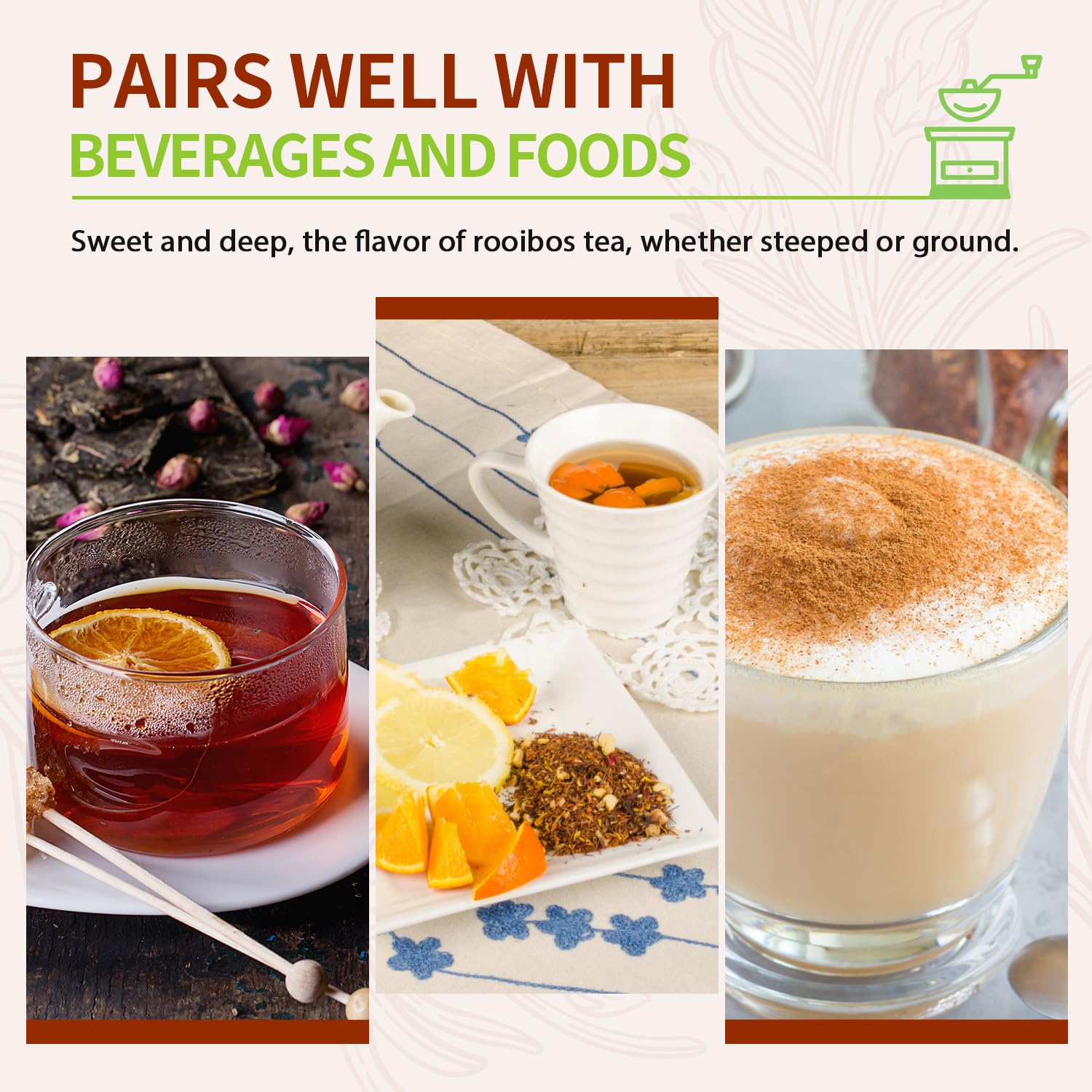 Soeos rooibos servido junto a postre resaltando versatilidad culinaria