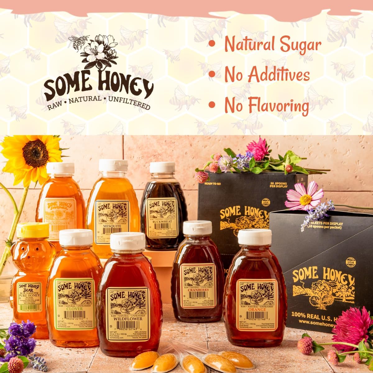 Some Honey tarro abierto con polen visible autenticidad natural