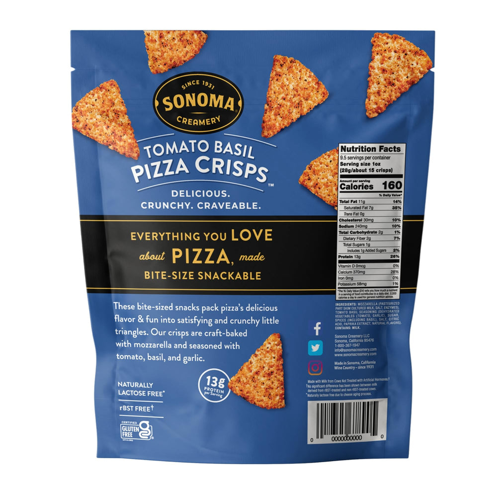 Sonoma Creamery detalle crujiente de Pizza Crisps con textura y alto contenido de proteína visible