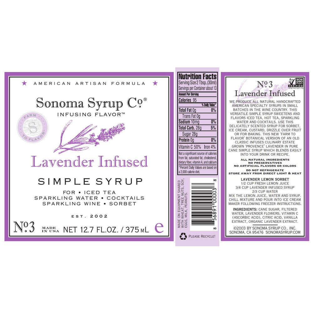 Sonoma Syrup Co etiqueta en primer plano indicando ingredientes naturales y origen