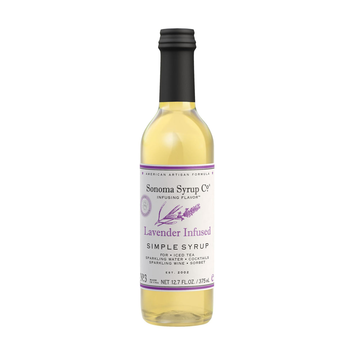 Sonoma Syrup Co botella frontal mostrando jarabe de lavanda y vidrio elegante