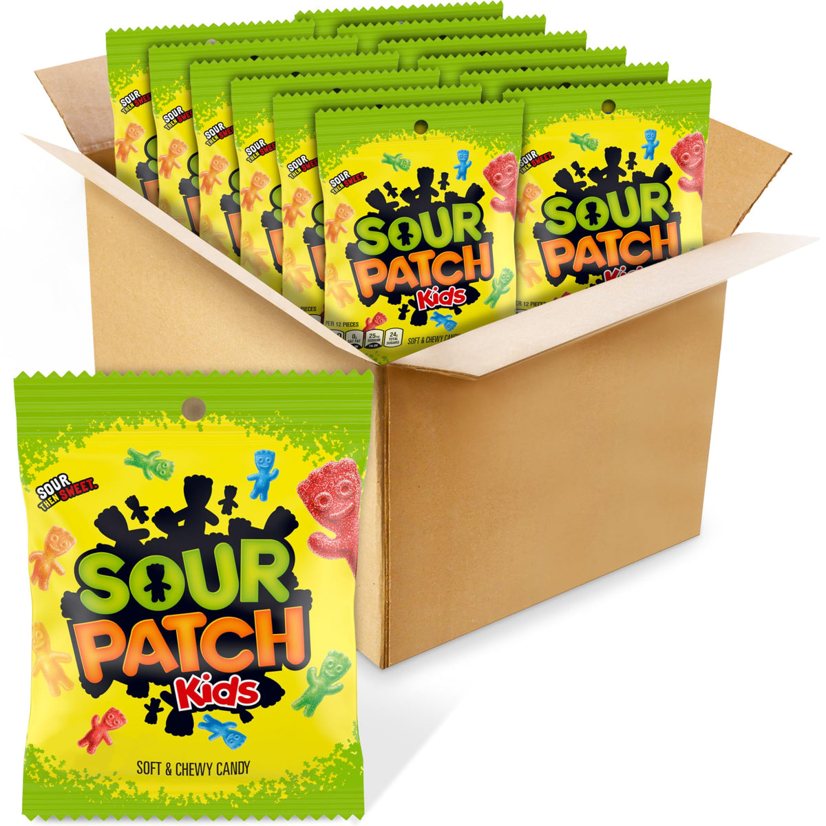 Sour Patch Kids empaque frontal mostrando variedad de gomitas y fácil reparto
