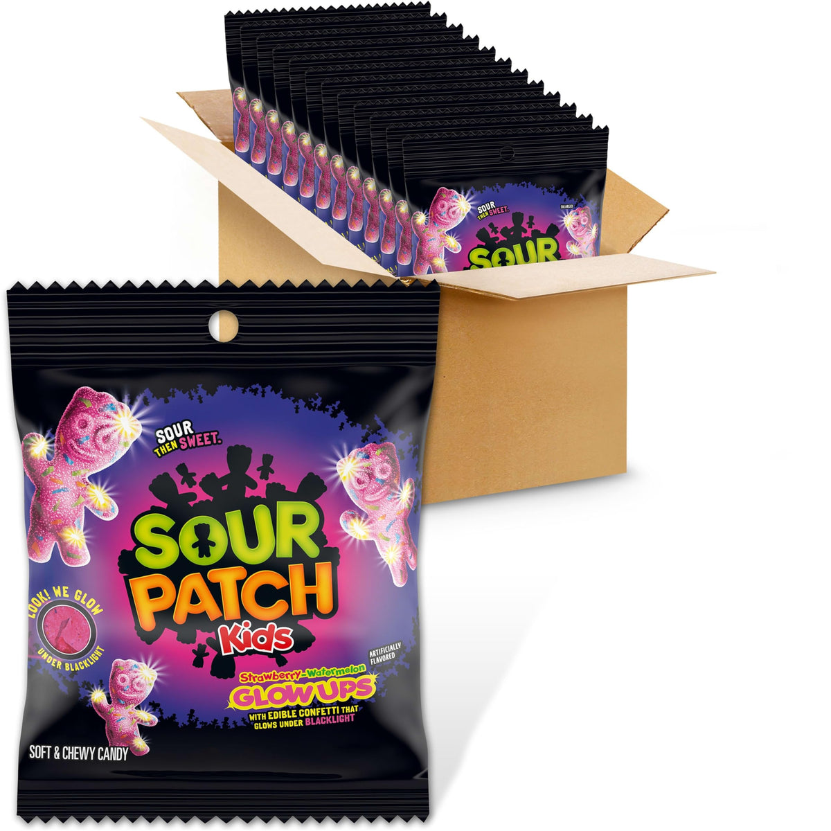 SOUR PATCH KIDS paquete frontal mostrando diseño y marca, ideal para fiestas