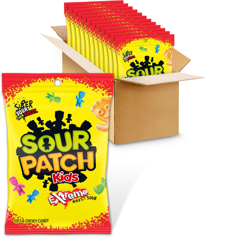 Sour Patch Kids empaque frontal mostrando las 12 bolsas y atractivo visual