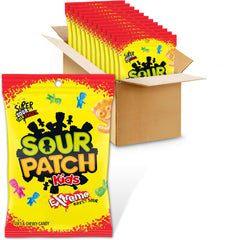 Sour Patch Kids empaque frontal mostrando las 12 bolsas y atractivo visual